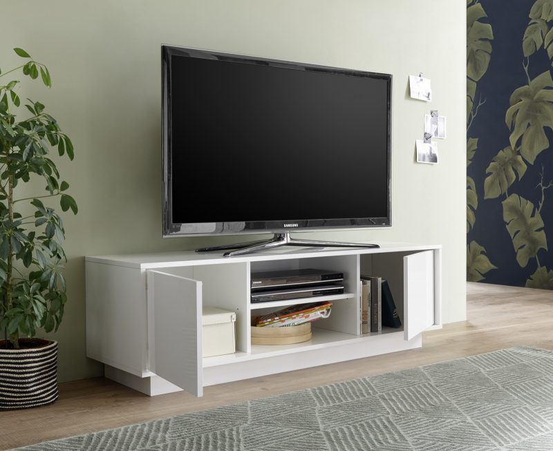 Mobile porta TV 2 ante e vano a giorno bianco lucido 139 cm  - Carrara - immagine 2