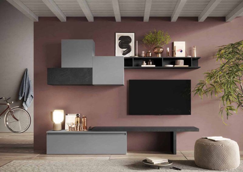 Parete attrezzata moderna grigio nero mobili sospesi mensola - Limity