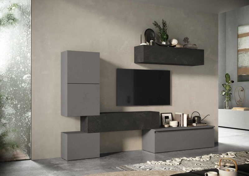 Parete attrezzata 295x190x40 h cm, finitura Ardesia, Piombo e Gesso - Limity