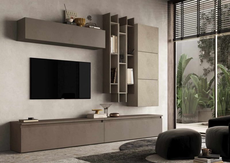 Parete attrezzata con libreria sospesa 276x210 cm argilla e bronzo - Infinity