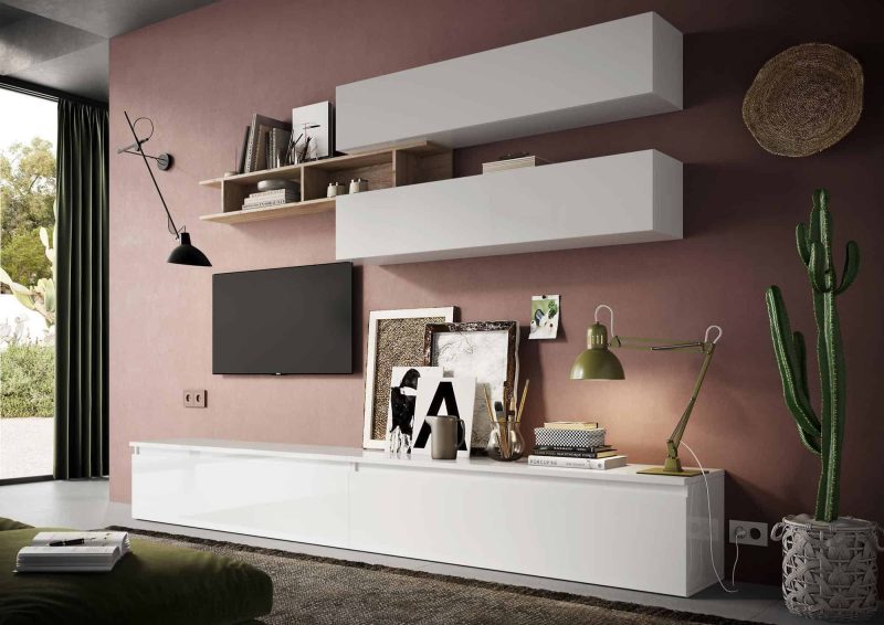 Parete attrezzata moderna 276x190 cm bianco lucido e rovere - Infinity