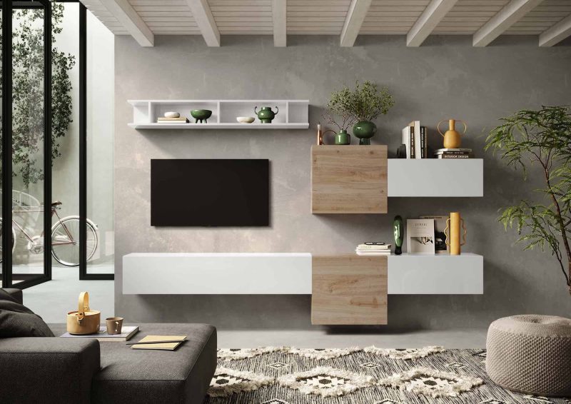 Parete attrezzata sospesa 262x185 cm bianco lucido e rovere - Infinity