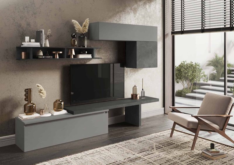 Parete attrezzata con mensola a terra 260x190 cm grigio e piombo  - Infinity
