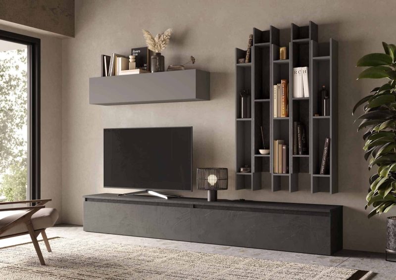 Parete attrezzata con libreria 276x200 cm grigio e piombo - Infinity