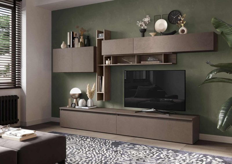Parete attrezzata elegante 336x210 cm bronzo e noce  - Infinity