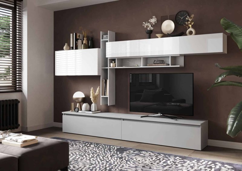 Parete attrezzata elegante 336x210 cm bianco lucido e grigio chiaro  - Infinity