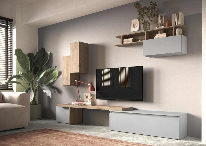 Parete attrezzata 290x210 cm con pensili rovere e grigio  - Infinity