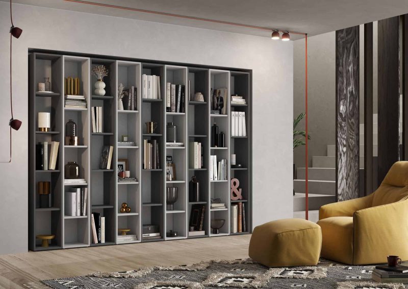 Parete attrezzata 290x210 cm con pensili rovere e grigio  - Infinity