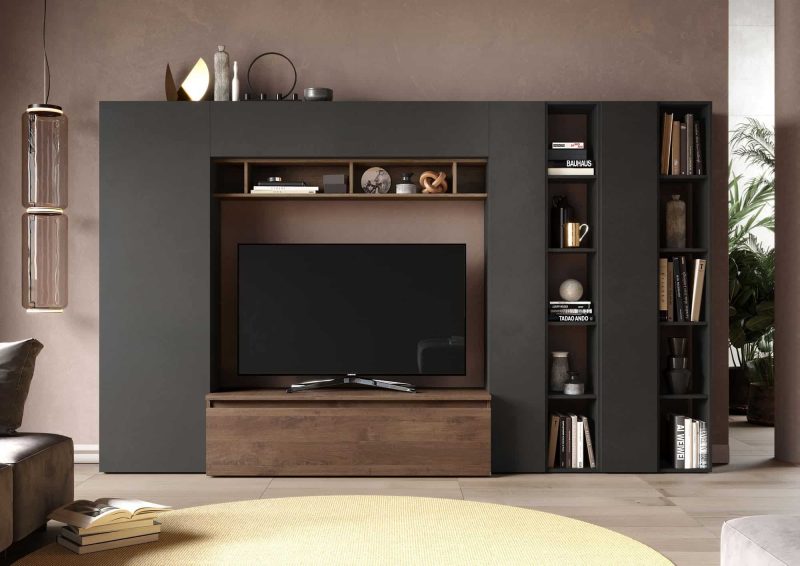 Parete attrezzata con libreria 305x186 cm grafite e noce   - Infinity