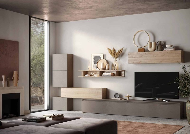 Parete attrezzata componibile 375x170 cm argilla, bronzo e rovere  - Infinity