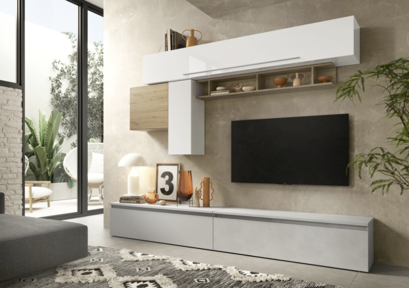Parete attrezzata moderna 276x187 cm bianco lucido, grigio chiaro e rovere  - Limity