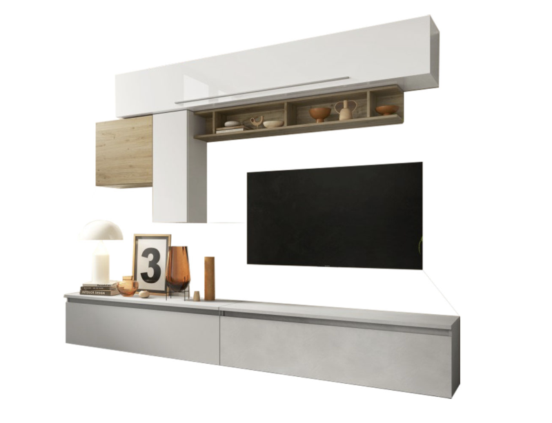 Parete attrezzata moderna 276x187 cm bianco lucido, grigio chiaro e rovere  - Limity - immagine 2