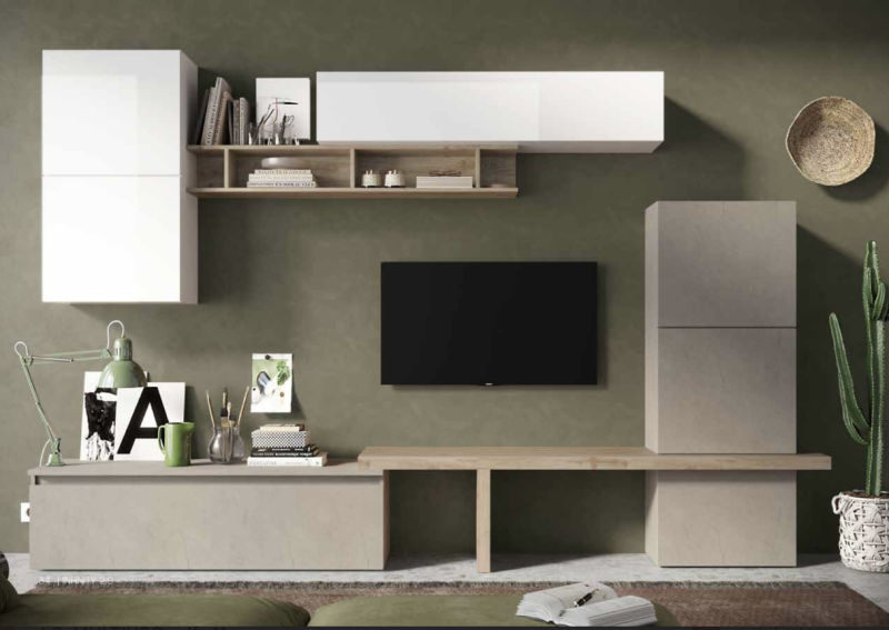 Parete attrezzata moderna 290x195 cm argilla, bianco lucido e rovere - Infinity