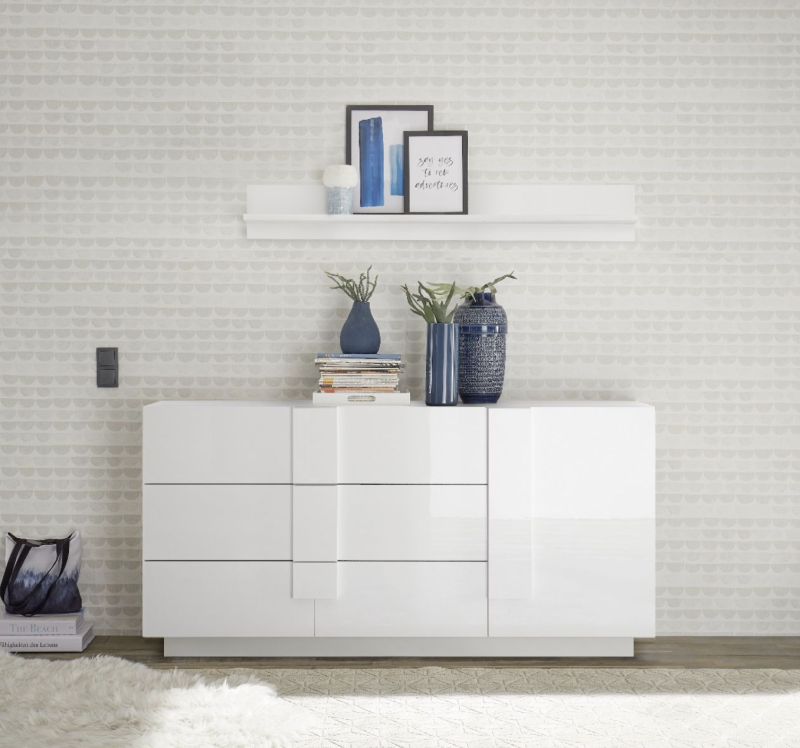 Credenza online 3 cassetti e un'anta, finitura Bianco laccato lucido