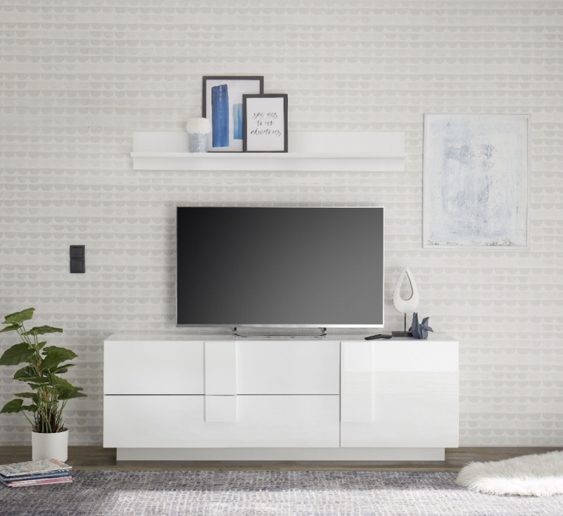 Mobili tv Bianco laccato lucido 2 cassetti, un'anta