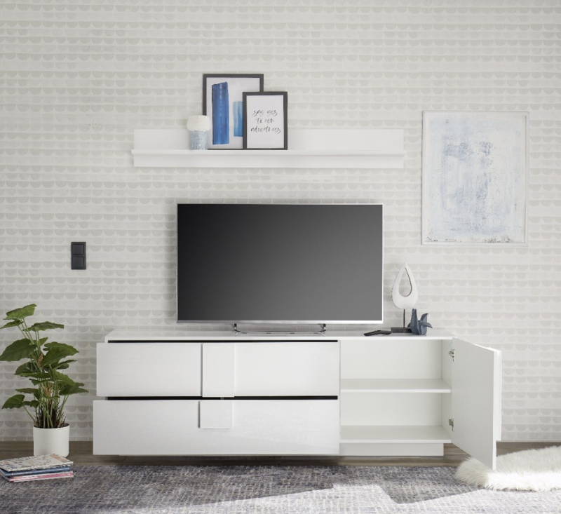 Mobili tv Bianco laccato lucido 2 cassetti, un'anta - immagine 2