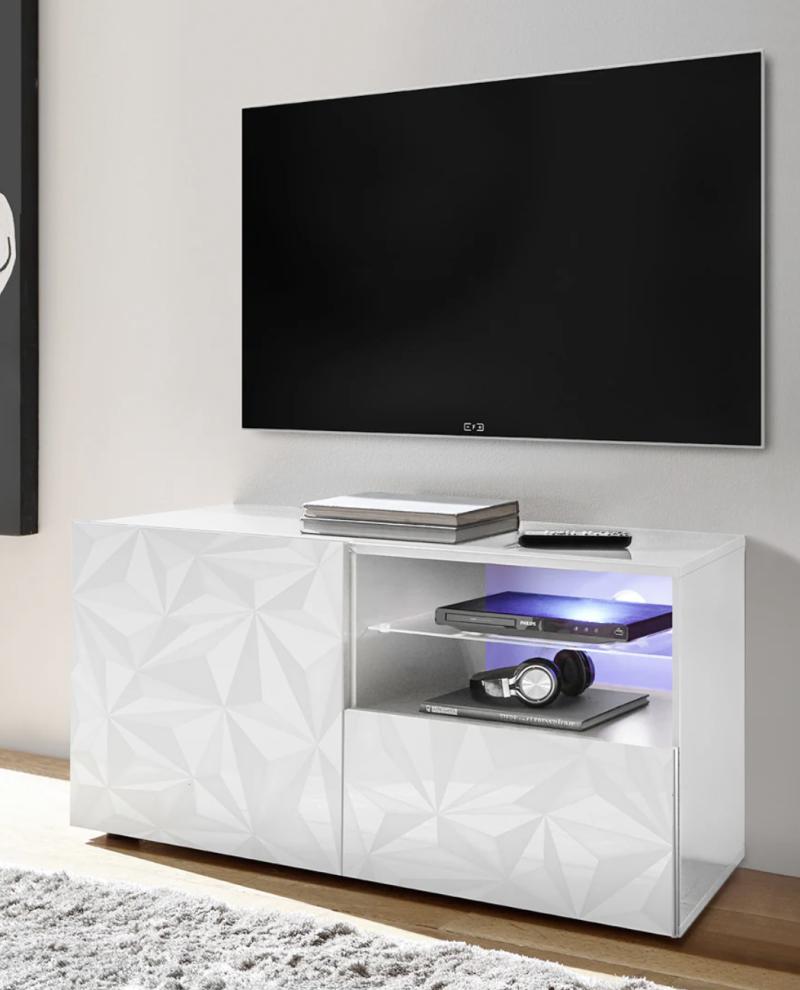 Elenio - Porta tv moderno con anta e cassetto frontale bianco cm 122x42x57h