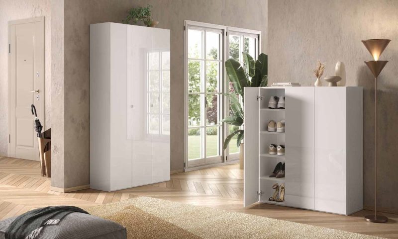 Scarpiera bassa 3 ante battenti con 8 ripiani finitura Bianco Lucido - immagine 2