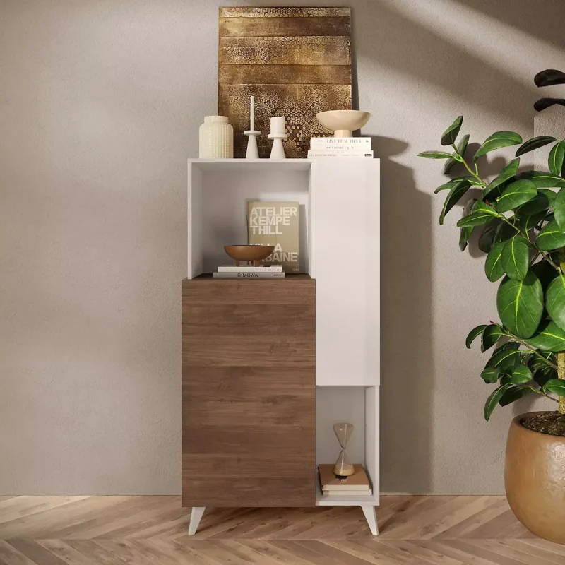Credenza con piedini alta, finitura Bianco lucido e Mercure