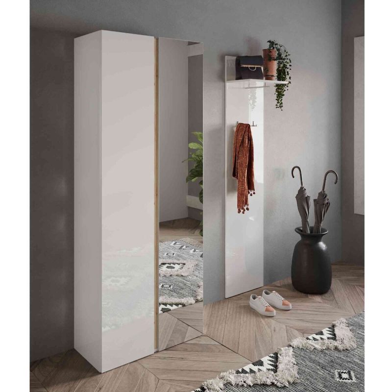 Scarpiera due ante con specchio, finitura Bianco lucido e Cadiz