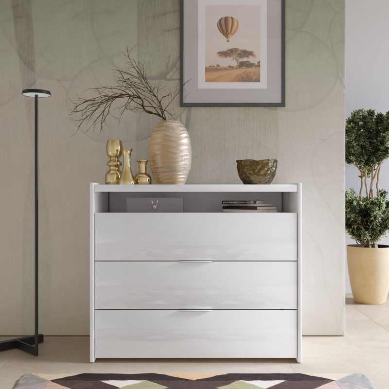 Comò con 3 cassetti soft close bianco lucido - Maika