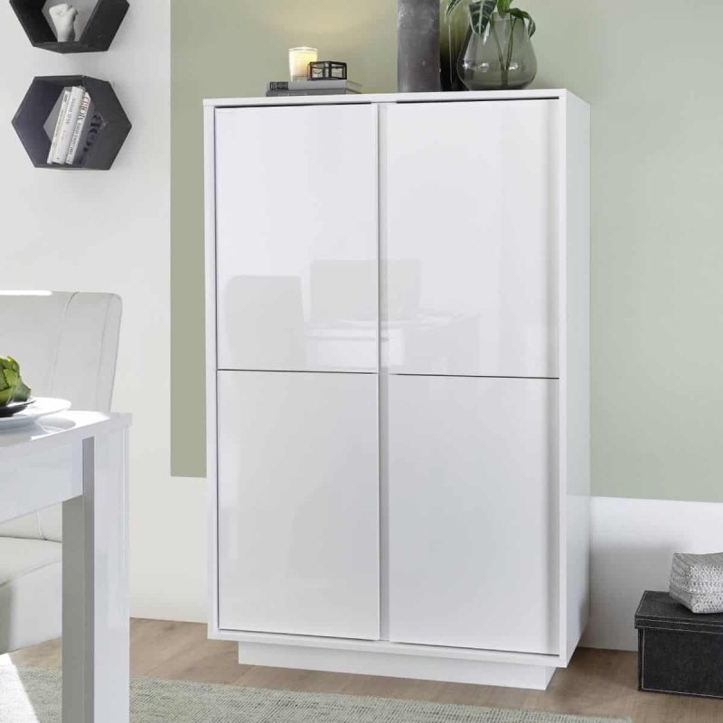 Credenza moderna alta con 4 ante in finitura bianco lucido - Carrara