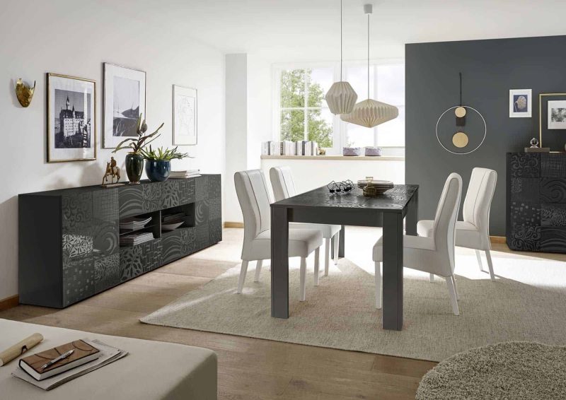Madia 241 cm con due ante e quattro cassetti in legno grigio lucido serigrafato - Miro - immagine 2