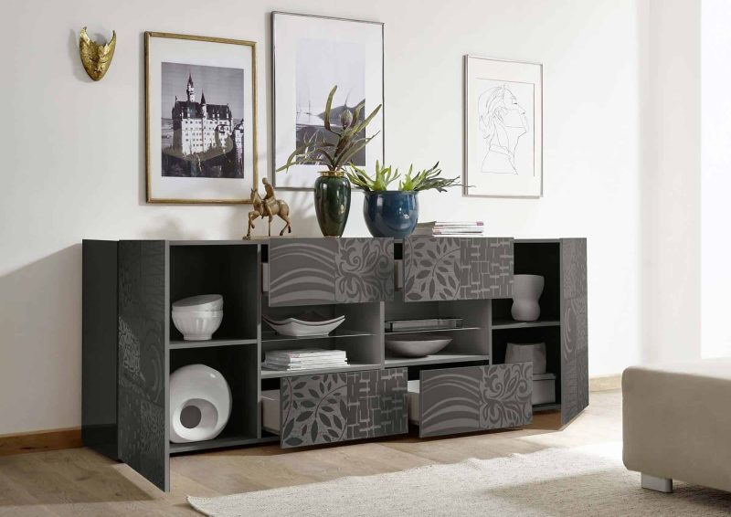Madia 241 cm con due ante e quattro cassetti in legno grigio lucido serigrafato - Miro - immagine 4