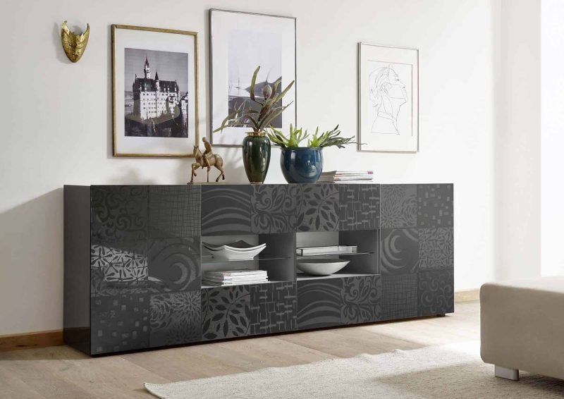Madia 241 cm con due ante e quattro cassetti in legno grigio lucido serigrafato - Miro