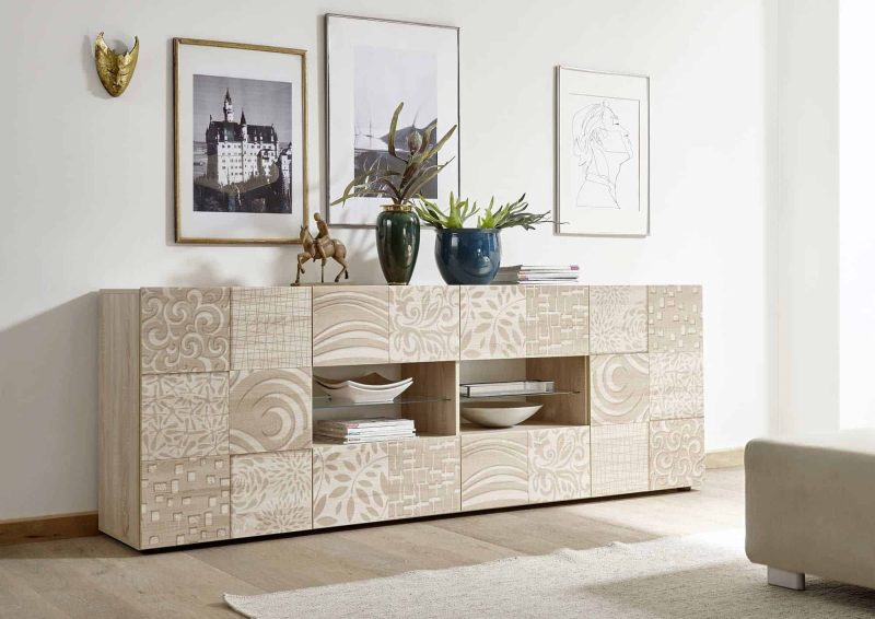 Madia 241 cm con due ante e quattro cassetti bianco rovere serigrafato - Miro