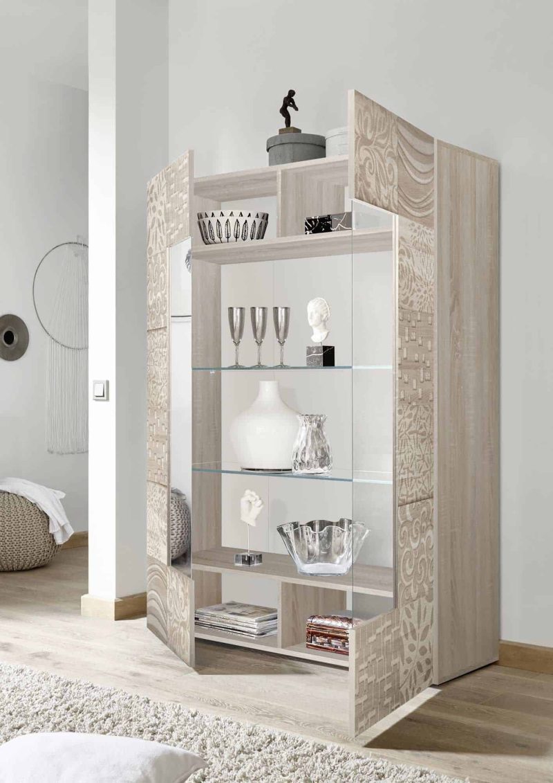 Vetrina 121x166h cm in legno rovere samoa serigrafato con luce led bianca - Miro - immagine 3