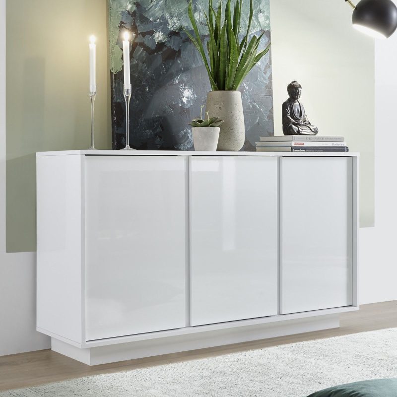 Madia 138x79h cm con 3 ante in legno bianco lucido - Carrara