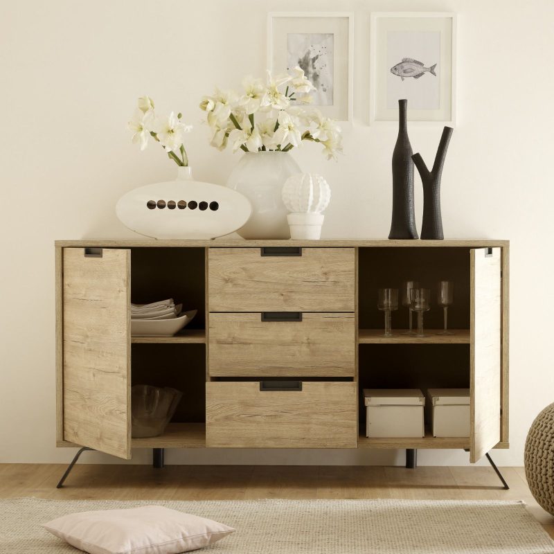 Madia 156 cm con due ante e tre cassetti in legno rovere sherwood - Kara - immagine 2