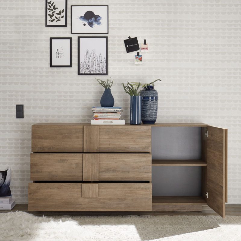 Madia 181 cm con un'anta e tre cassetti in legno rovere mercure - Felis - immagine 3