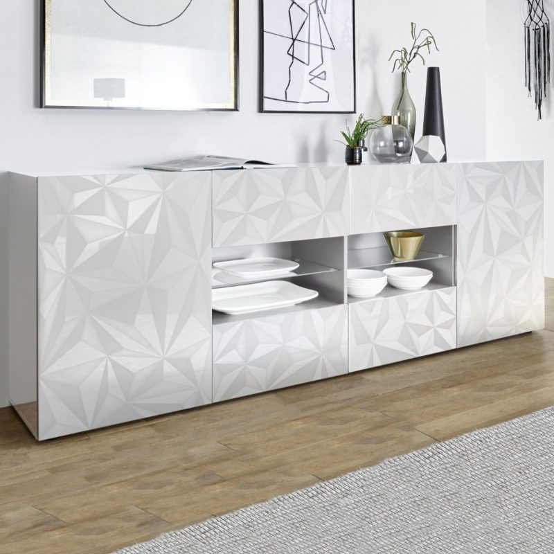 Madia 241 cm con due ante e quattro cassetti in legno bianco lucido serigrafato - Zell