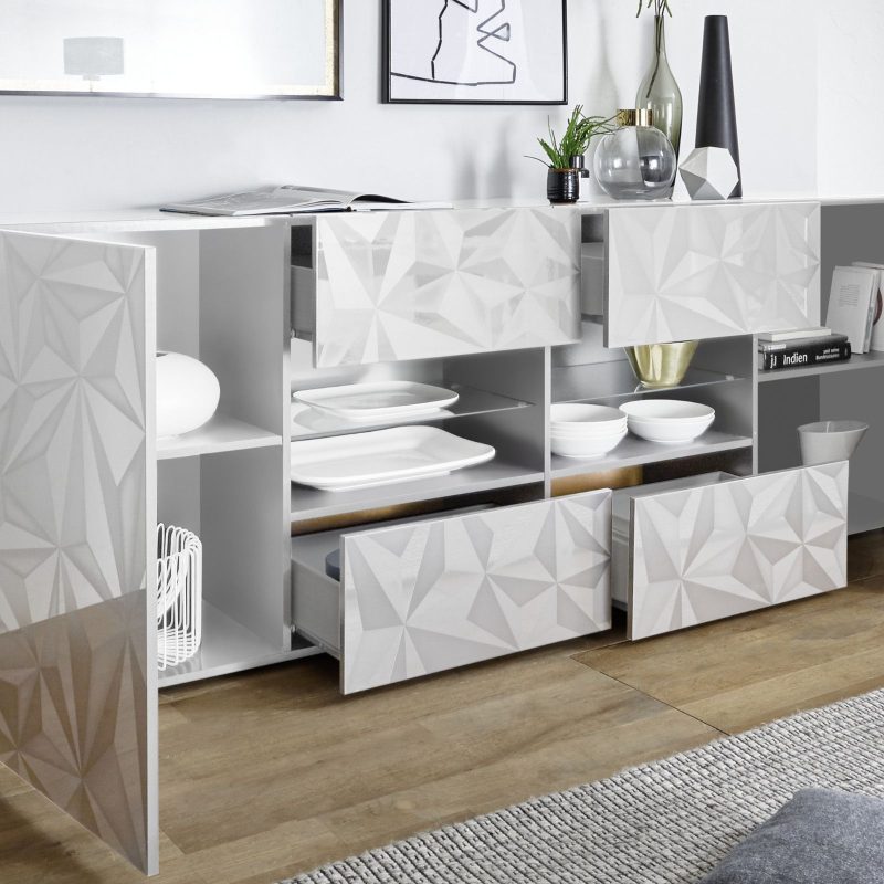Madia 241 cm con due ante e quattro cassetti in legno bianco lucido serigrafato - Zell - immagine 3