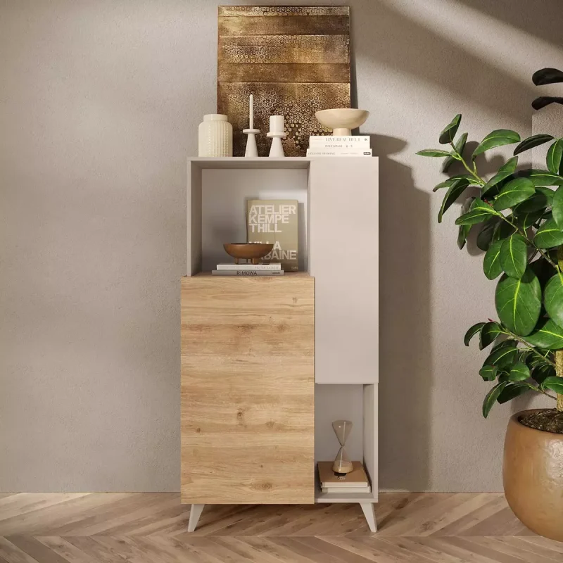 Credenza alta con piedini, finitura Cashmere e Cadiz