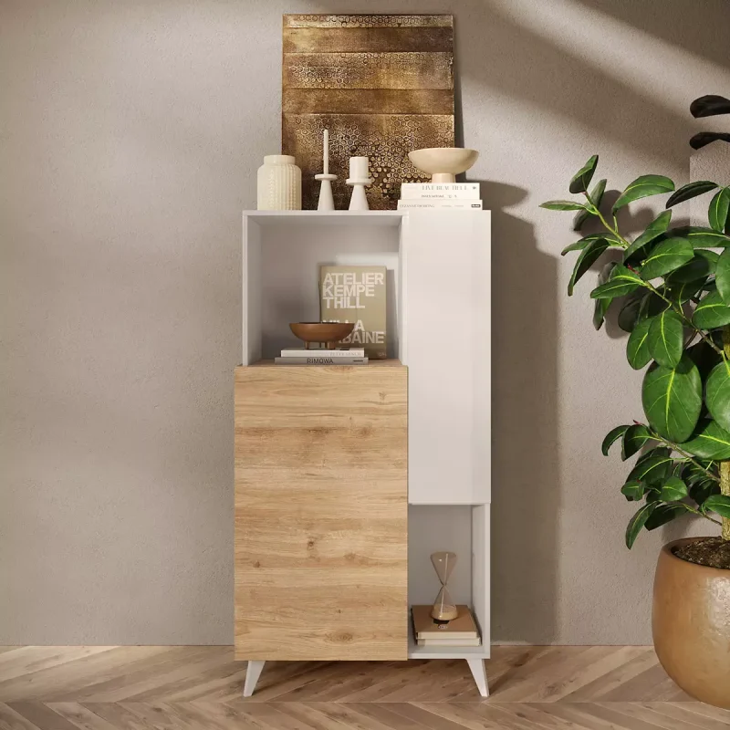 Credenza con piedini alta, finitura Bianco lucido e Cadiz