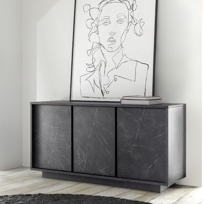 Madia da 138 cm con tre ante in legno nero effetto marmo  - Carrara