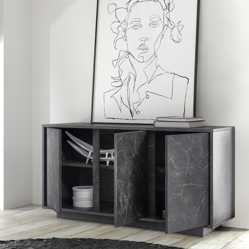 Madia da 138 cm con tre ante in legno nero effetto marmo  - Carrara - immagine 2