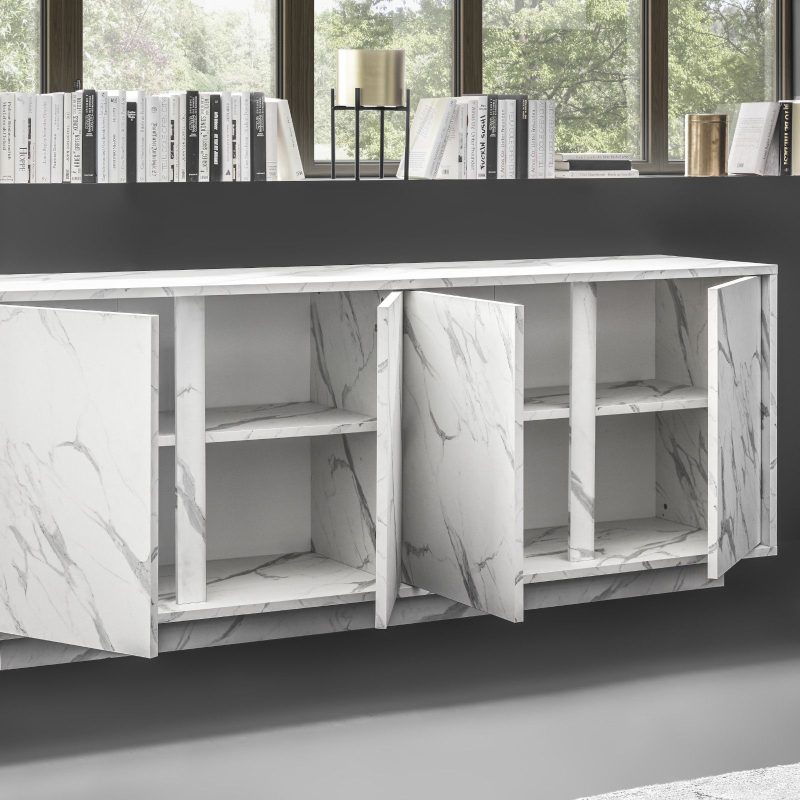 Madia da 180 cm con quattro ante in legno bianco effetto marmo - Carrara - immagine 2