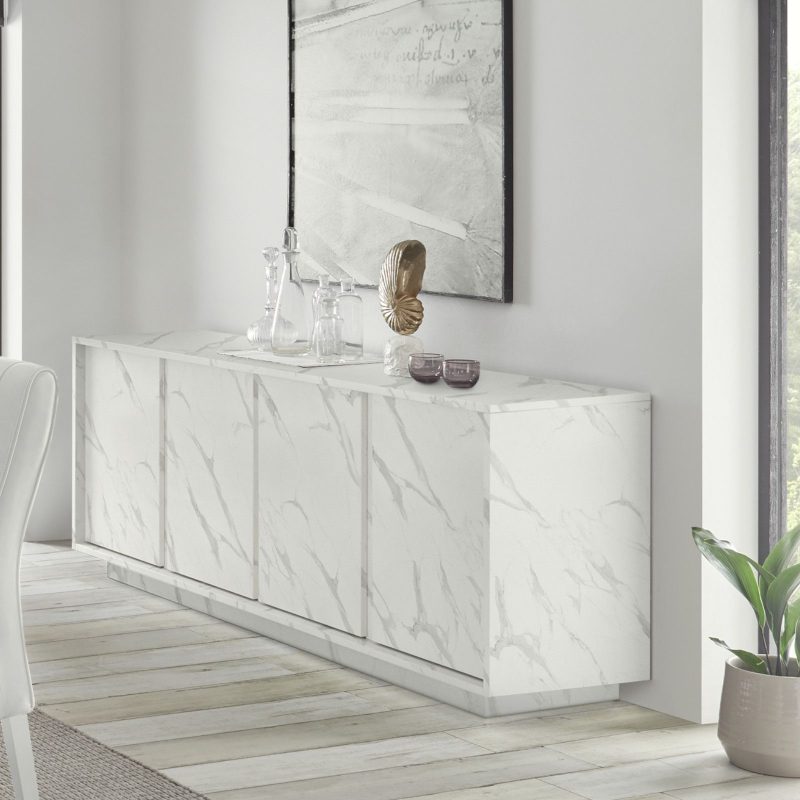 Madia da 180 cm con quattro ante in legno bianco effetto marmo - Carrara - immagine 3