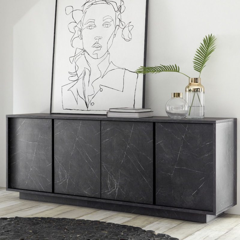 Madia da 180 cm con quattro ante in legno nero effetto marmo - Carrara