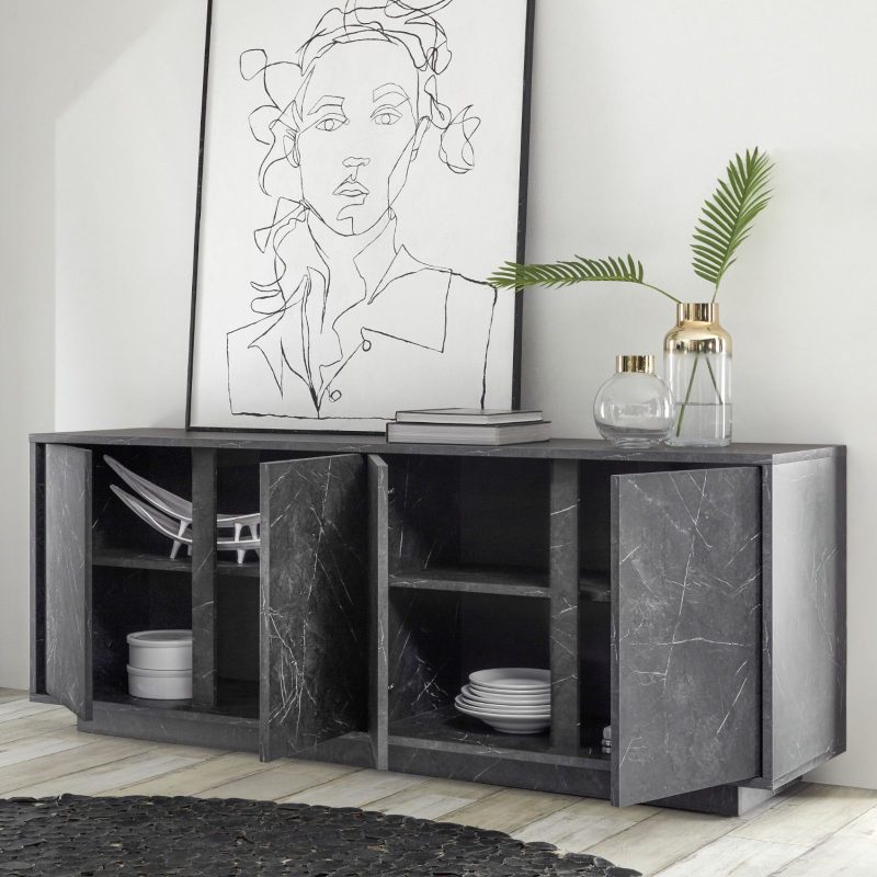 Madia da 180 cm con quattro ante in legno nero effetto marmo - Carrara - immagine 3