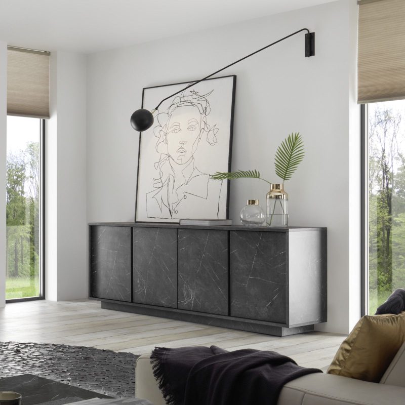 Madia da 180 cm con quattro ante in legno nero effetto marmo - Carrara - immagine 2