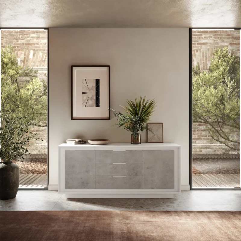 Madia 180x80h cm 3 cassetti 2 ante moderna bianco opaco grigio cemento Deluxe