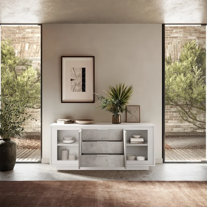 Madia 180x80h cm 3 cassetti 2 ante moderna bianco opaco grigio cemento Deluxe - immagine 2