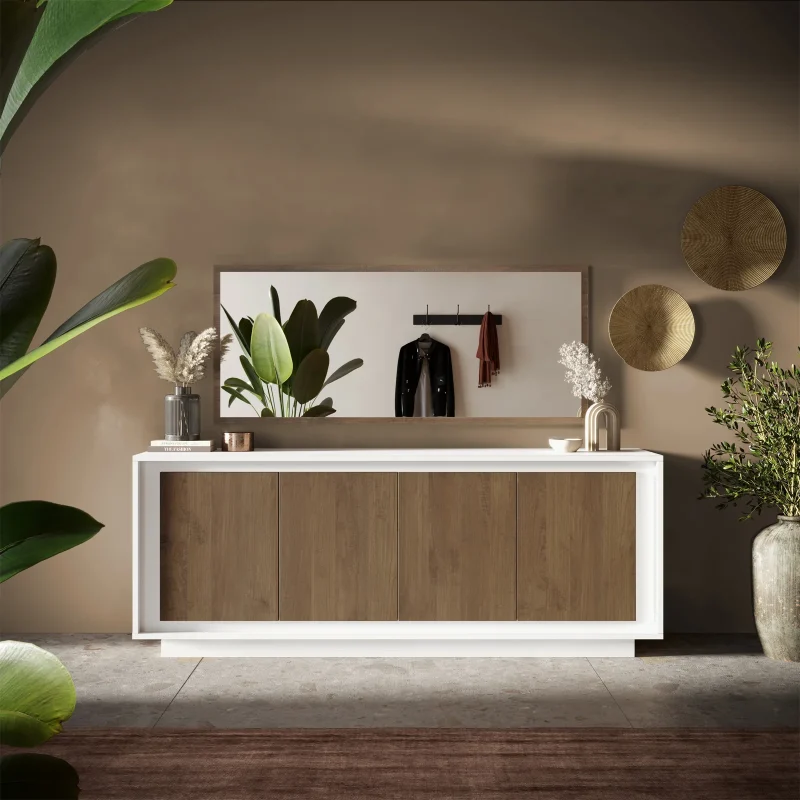 Madia 207x80h cm 4 ante moderna bianco opaco rovere scuro Deluxe
