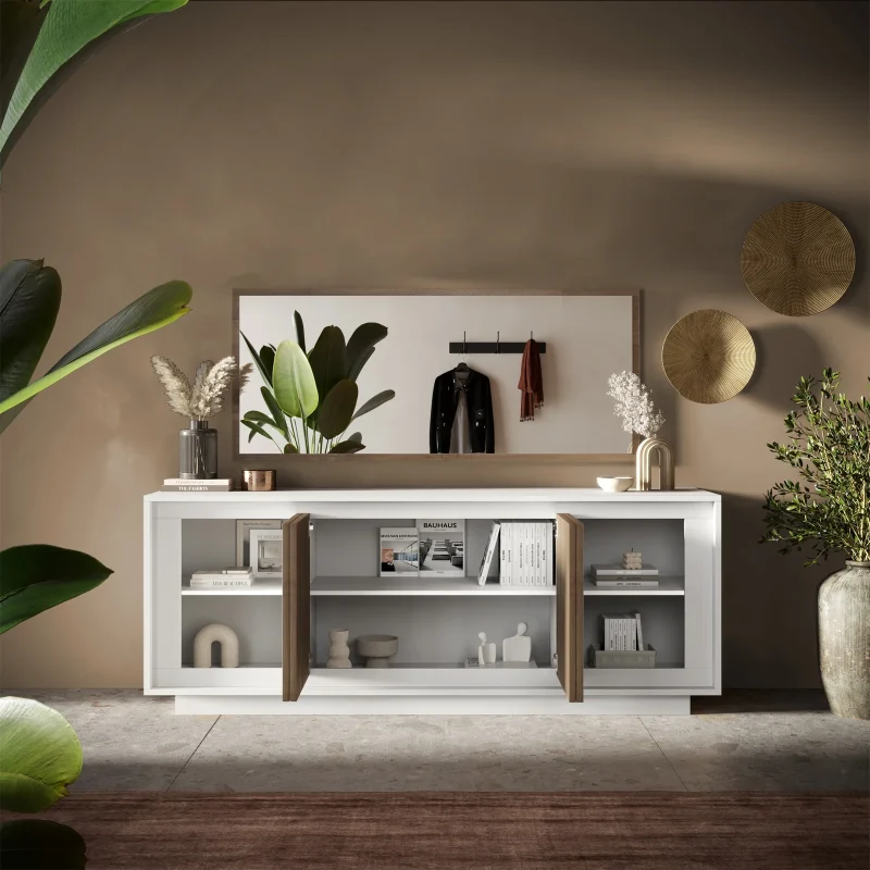 Madia 207x80h cm 4 ante moderna bianco opaco rovere scuro Deluxe - immagine 2