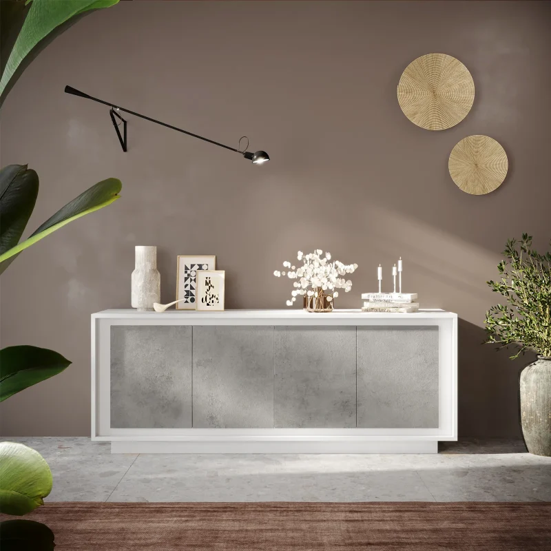 Madia 207x80h cm 4 ante moderna cemento bianco opaco Deluxe
